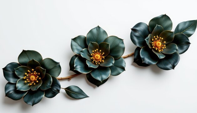 Elegant dark flower arrangement with detailed petals and vibrant yellow center against a minimalist background