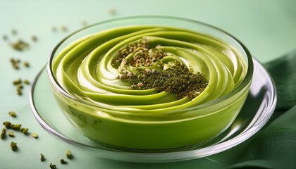delicious green tea swirl dessert served in a transparent dish showcasing a smooth creamy texture with scattered tea granules
