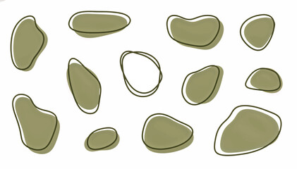 Abstract organic shapes and blobs set. Minimalist hand-drawn line art illustration. Earthy olive green pebbles isolated on white background. Vector graphic elements for modern design