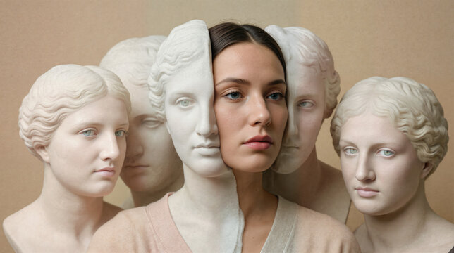 Artistic portrait of a young woman emerging from classical marble statues representing timeless beauty standards, identity evolution, historical aesthetics and skincare perfection concept