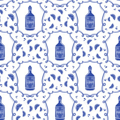 Seamless pattern with vintage tequila and food silhouettes for mexican folk art