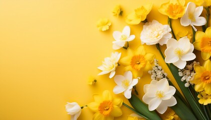 white and yellow spring flowers on yellow background