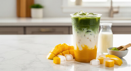 iced mango matcha latte with copy space for text on white marble