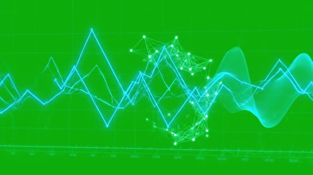 Neon blue digital line graph showing complex fluctuating data analysis and interconnected network nodes on a bright green screen background
