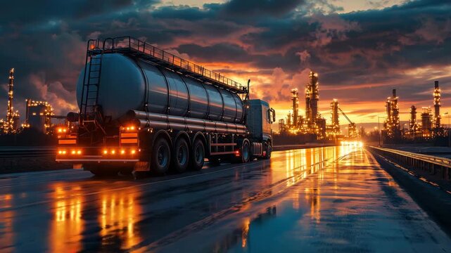 Truck transports cargo on wet road near refinery during sunset with bright lights and clouds