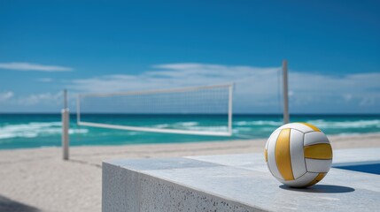 Beach volleyball on a stone ledge with ocean net background