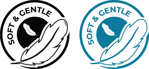 Obraz premium Soft and Gentle text with feather icon in black and blue circular vector labels isolated