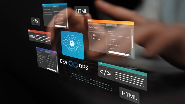 Innovative DevOps Concept with AI Integration and Code Snippets on Digital Screen for Software Development and IT Operations Gluon.