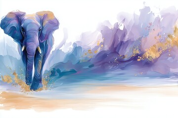 Watercolor illustration of majestic elephant walking forward with abstract colorful paint splashes and golden accents, isolated on white background