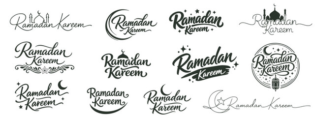 Set of 12 black Ramadan Kareem logos with elegant Islamic calligraphy, mosque, and crescent moon elements © AFRAN STUDIO
