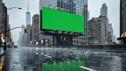 City street scene with a large green billboard on a rainy day surrounded by tall buildings