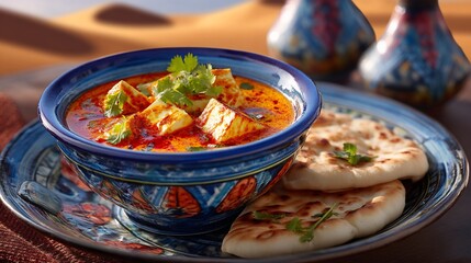 Paneer butter masala naan bread ceramic bowl and plate background vibrant Rajasthani desert with dunes golden sunlight