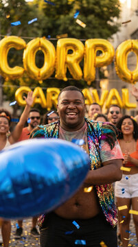  a smiling Black man with short hair, wearing a colorful, sequined jacket, standing in front of gold "CORPO GAYNAL" balloons, blue confetti.