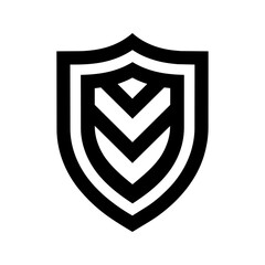 Shield mark with downward chevrons symbolizing protection, security, reliability, and modern property or data safety.
