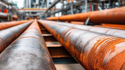 Rows of rusted industrial steel pipes at a large refinery plant