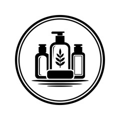 Cosmetic bottles with leaf symbol representing natural skincare routine, beauty care, and wellness products.
