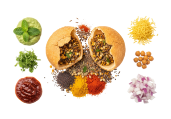 top view bread buns with spice piles and fresh herbs