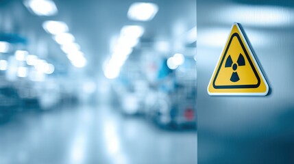 Yellow radioactive hazard warning sign on a brushed steel surface