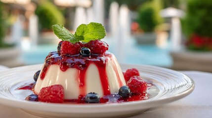 Panna cotta dessert berry sauce white ceramic plate background Italian garden with fountains soft morning light elegant presentation