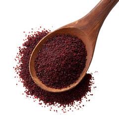 Ground sumac spice pile in wooden spoon isolated