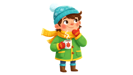 Cartoon child wearing winter clothing holding hot drink on transparent background