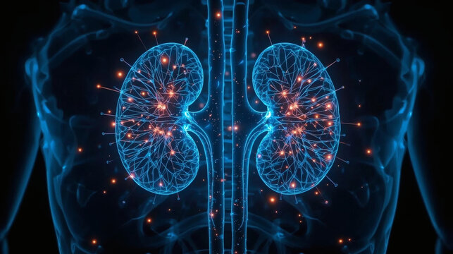 Pair of digital cybernetic human kidneys with glowing filtration network