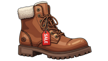 Brown winter boot with sale tag on transparent background