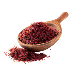 Ground sumac spice pile in wooden spoon isolated