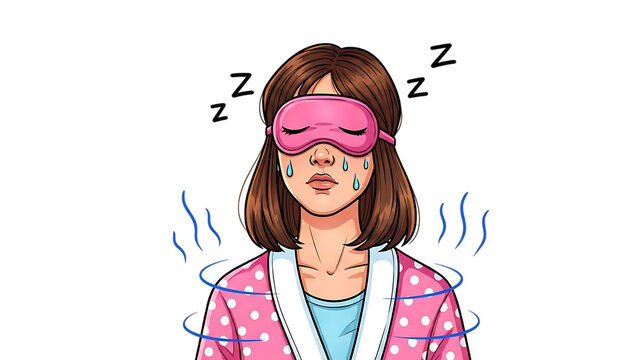 Hot woman wearing pink sleep mask and polka dot robe on transparent background