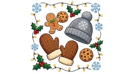 Winter holiday cookies and accessories on transparent background