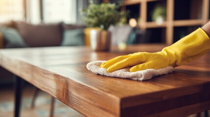 Person in yellow rubber gloves cleaning a wooden table with a cloth