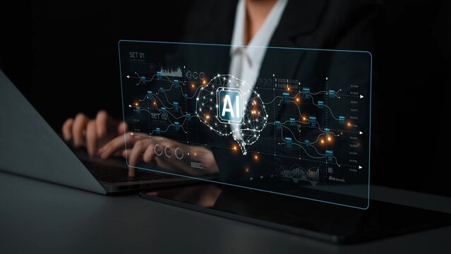 AI neural network and data processing system visualizing artificial intelligence with brain structure, chip, and connected data blocks for computation and learning Marrow - Powered by Adobe