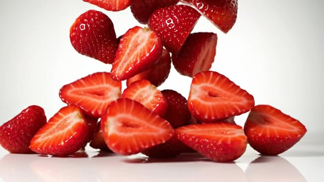 Freshly sliced strawberries falling and cascading onto a white surface, showcasing vibrant red fruit.