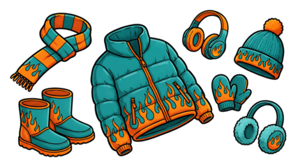 Winter clothing and accessories on transparent background
