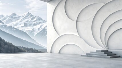 A modern architectural design with curved walls facing a vast snow-covered mountain landscape