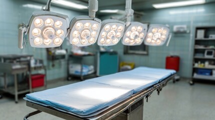 Empty operating room with surgical table and overhead lights. Sterile hospital environment prepared for surgery. Modern medical equipment, clean clinical interior and patient safety concept