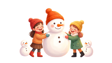 Happy children building a large snowman on transparent background