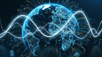 Abstract glowing digital earth visualization with fluctuating white line representing global economic trends and finance connections - Powered by Adobe