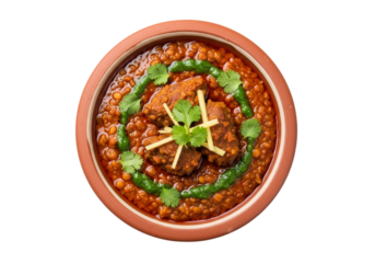 top view indian dal curry in clay pot with cilantro garnish