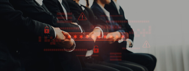 Business professionals seated in a modern environment, demonstrating focus and anticipation, with a digital overlay highlighting security concerns in today workplaces. Trope