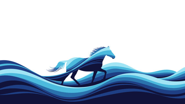Majestic horse running through ocean waves illustration