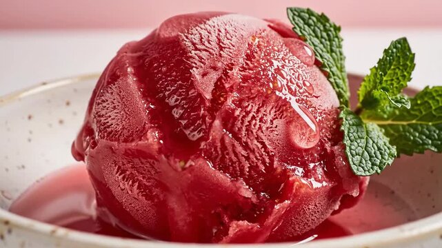 A close-up shot of a scoop of vibrant red sorbet with a mint garnish, served in a small bowl.