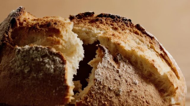 Freshly baked bread being broken apart to reveal soft interior texture