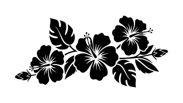 Elegant black silhouette of tropical hibiscus flowers and leaves on a clean white background