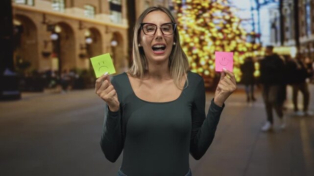 Woman holding green sad and pink happy sticky notes on a city street, mouth wide open in a shout; ambivalence choice doubt.