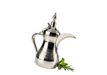 turkish cezve style silver coffee pot with rosemary garnish