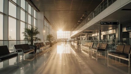A serene airport terminal with rows of empty chairs and large windows, bathed in natural light, awaiting travelers on a tranquil day