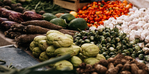 Fresh Seasonal Vegetables At Traditional Market Stall: Artichokes, Beans, Cabbage, Zuccini,...