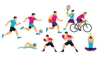 Dynamic flat style illustrations of varied sports and fitness activities