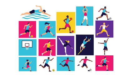 Dynamic sports montage: athletes in action with bold colors and modern design